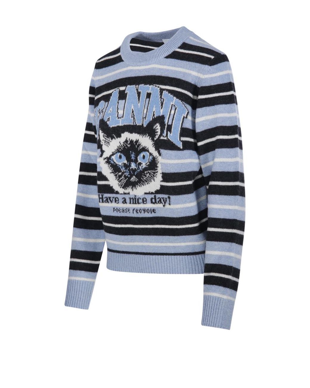 Ganni Blue Printed Striped Crewneck Jumper