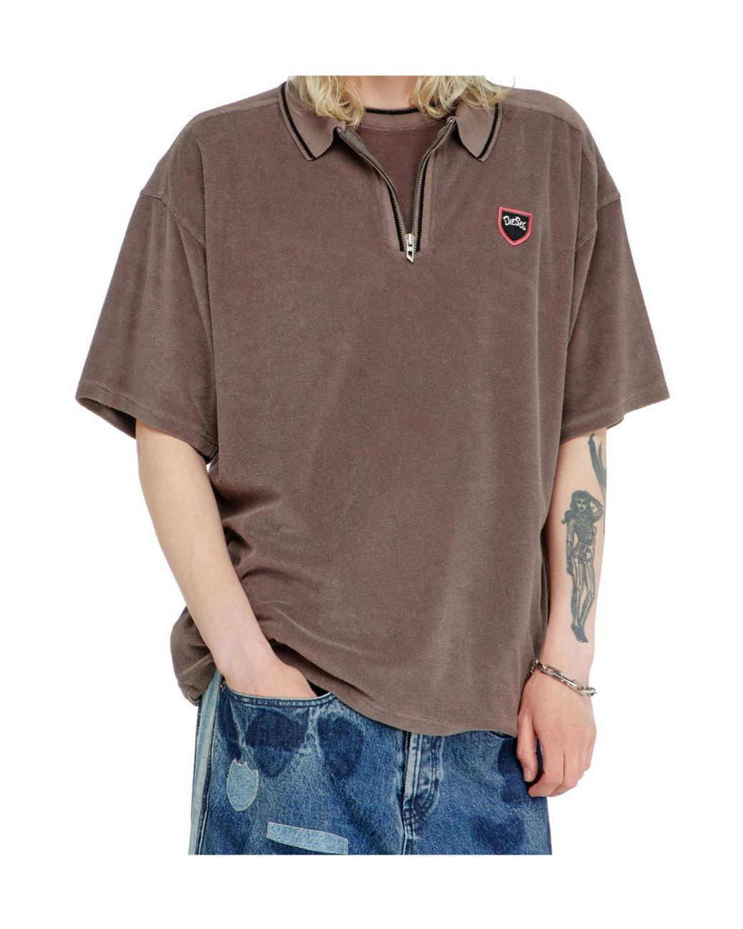 DIESEL Brown Chenille Polo Shirt With Shield Patch for men