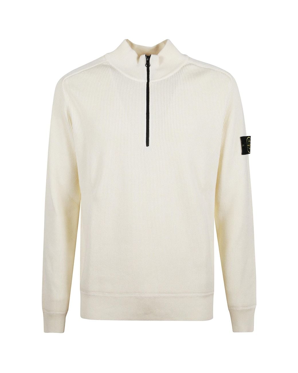 Stone Island White Ribbed Zip-Neck Knitted Sweater for men