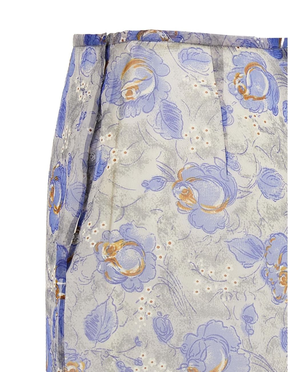 Prada Blue Nylonette Floral Print Midi Skirt