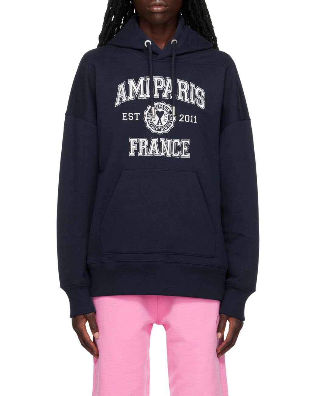 AMI Blue Logo-Printed Long-Sleeved Drawstring Hoodie for men