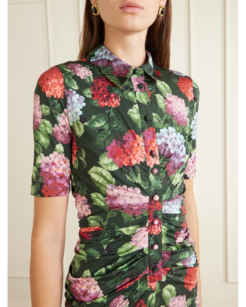 Carolina Herrera Green Floral-Print Ruched Jersey Midi Dress
