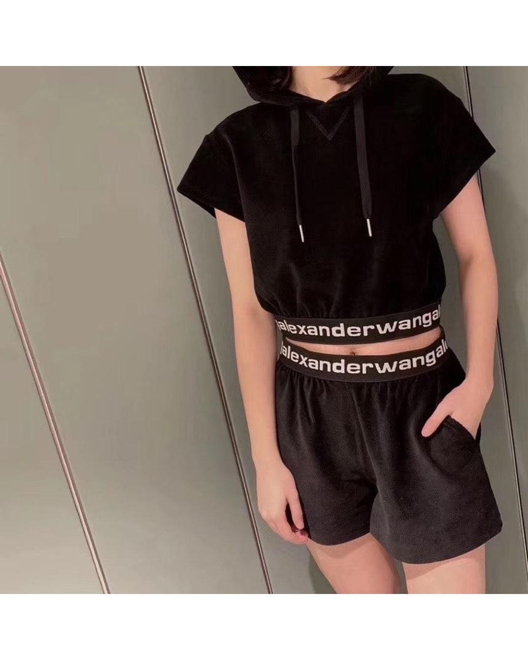 Alexander Wang Black Cropped Drawstring Corduroy Hoodie