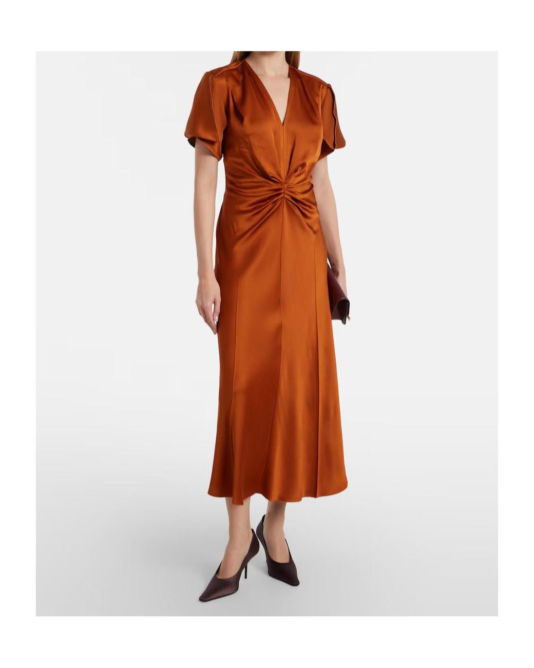 Victoria Beckham Orange Pleated Midi Dress