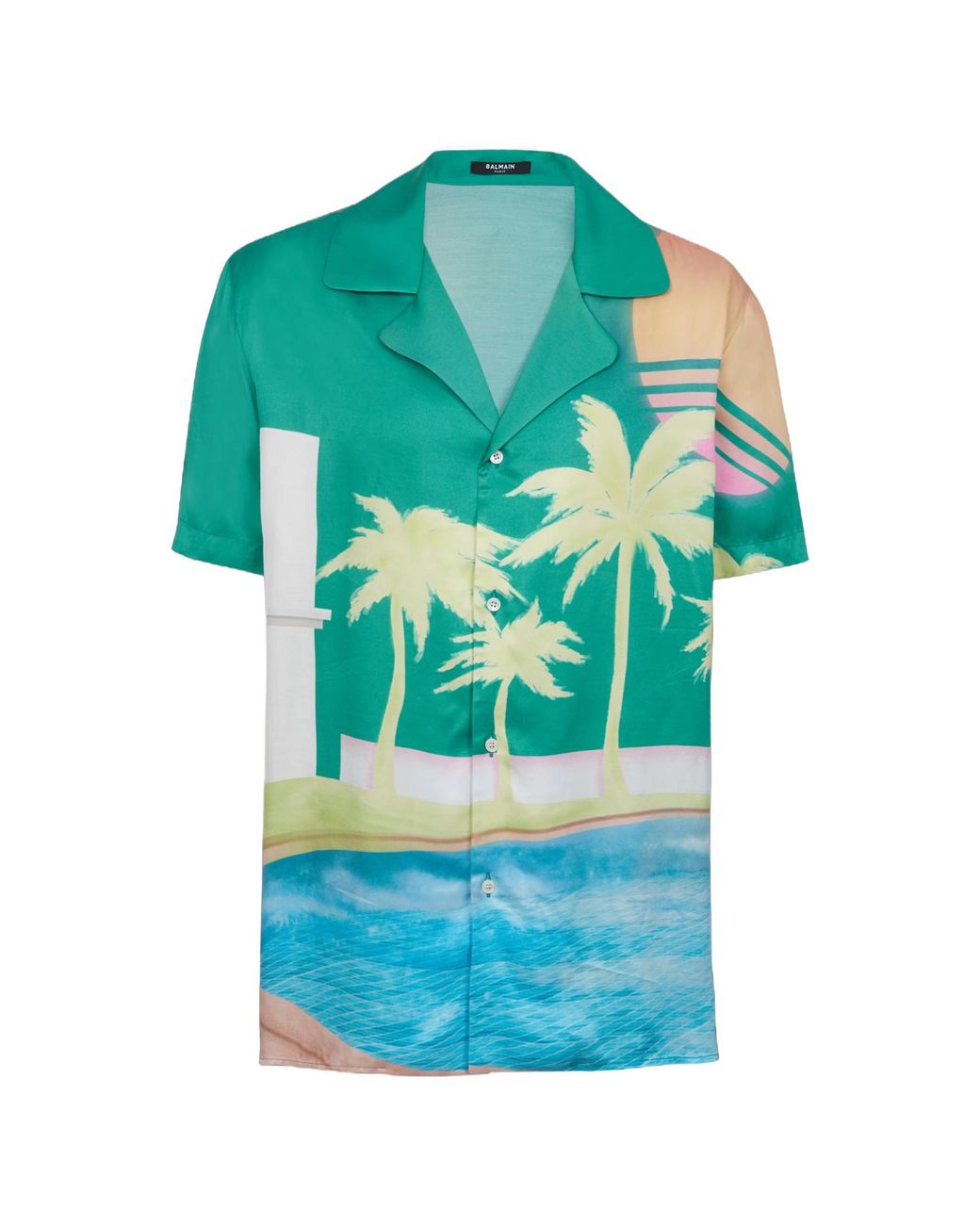 Balmain Blue Palm Printed Short-Sleeve Twill Shirt for men