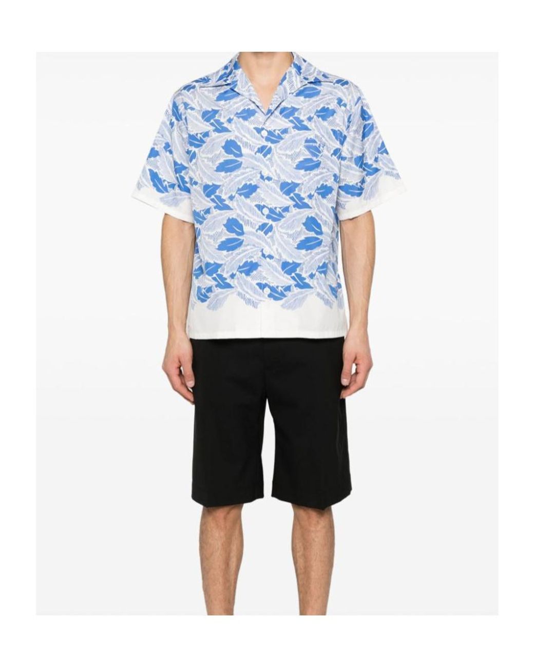 Prada Blue Leaf Print Short Sleeve Shirt for men