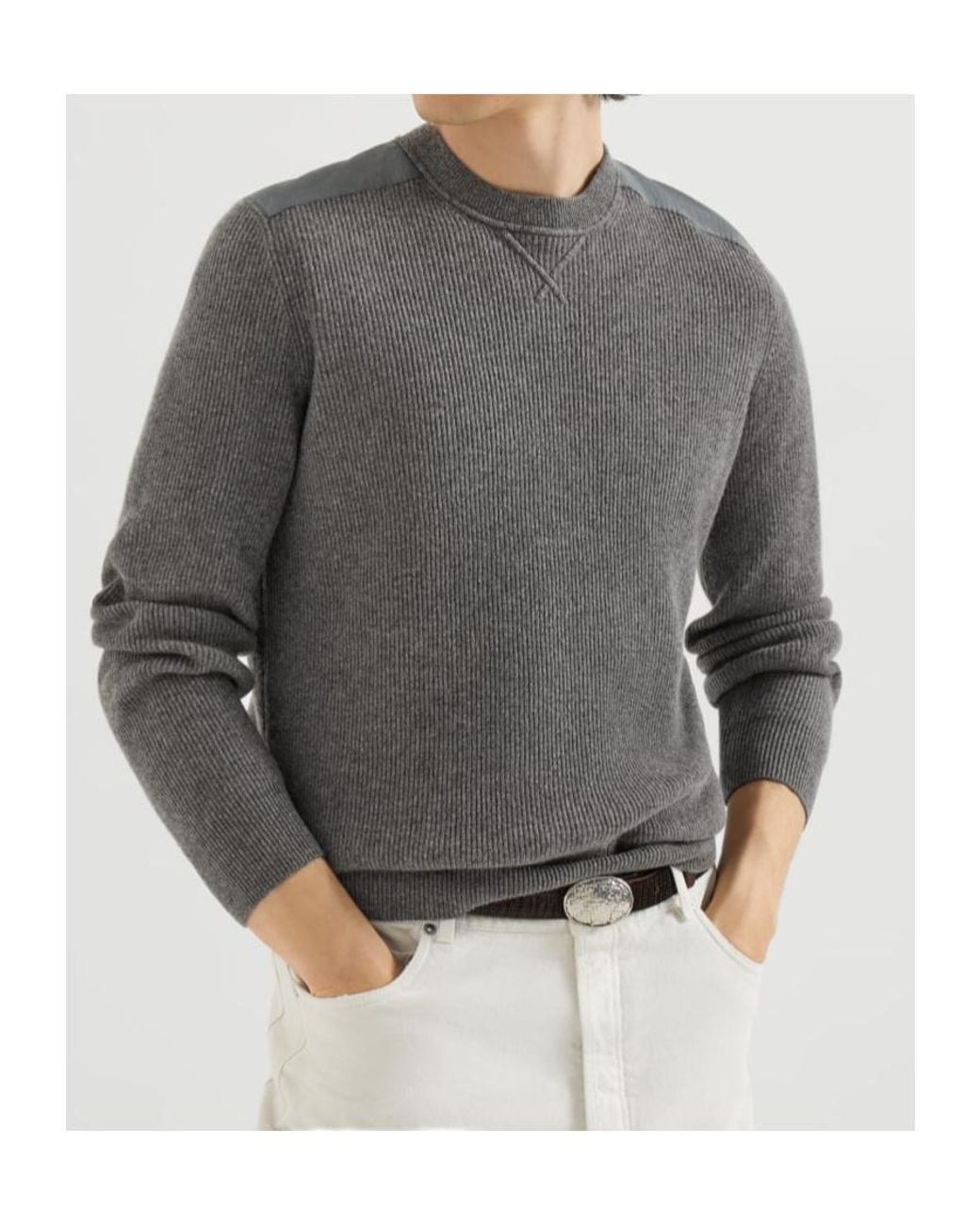 Brunello Cucinelli Gray Cashmere Ribbed Sweater With Cotton Inserts for men