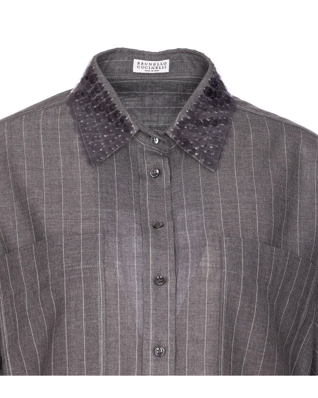 Brunello Cucinelli Gray Embellished Striped Shirt