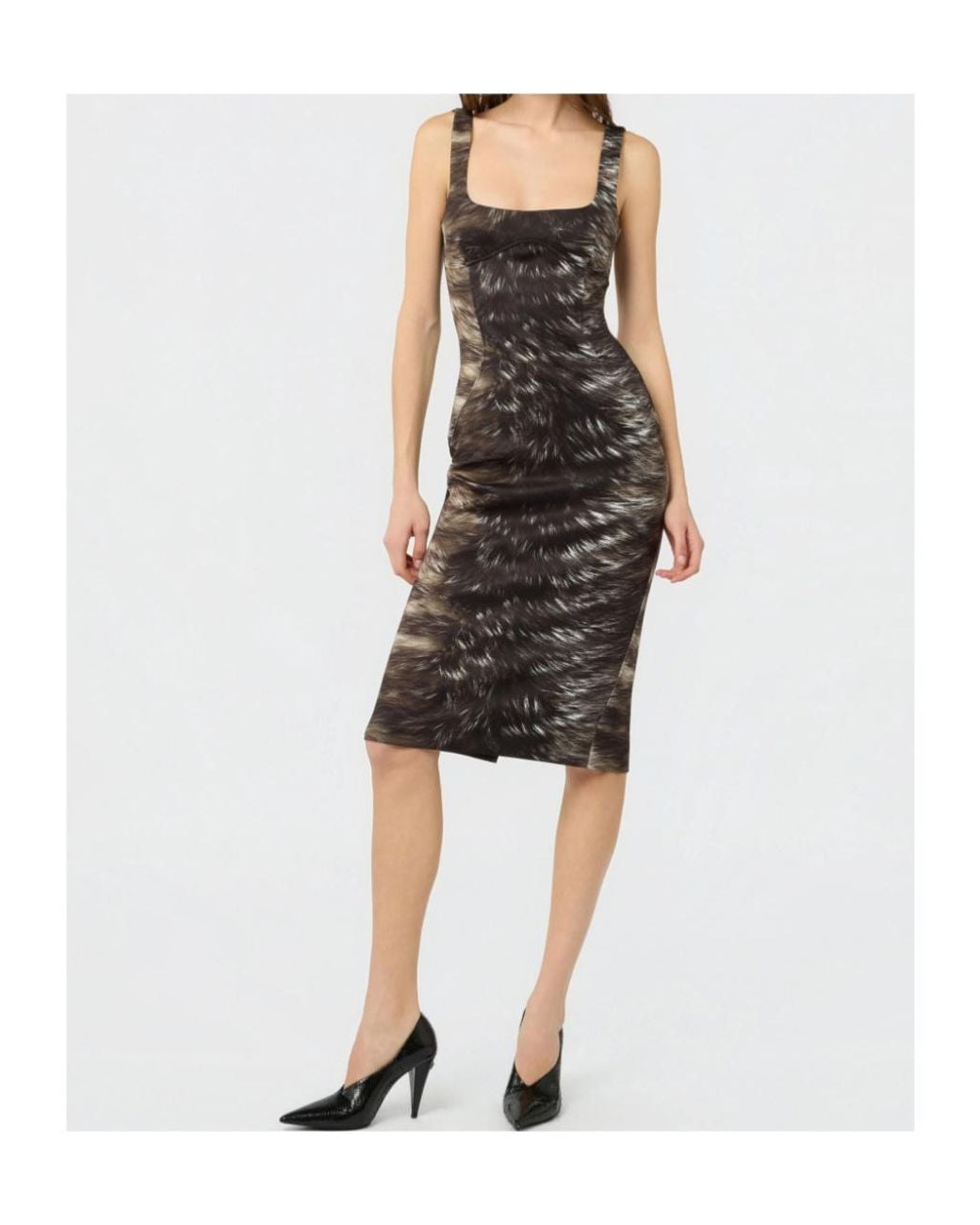 Roberto Cavalli Black Midi Fur-Print Sleeveless Dress