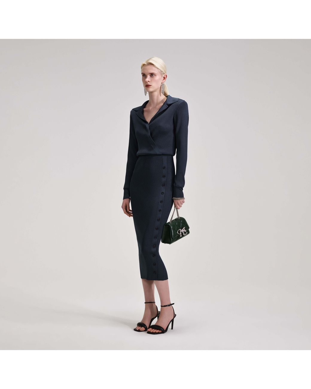 Self-Portrait Blue V-Neck Ribbed-Knit Long Sleeved Midi Dress