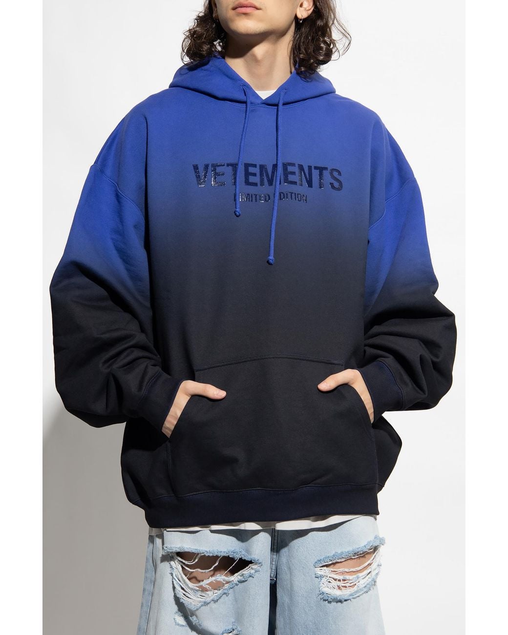 Vetements Blue Logo-Print Faded-Effect Hoodie for men