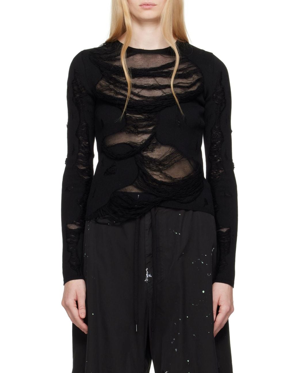 MM6 by Maison Margiela Black Ripped-Effect Knitted Jumper