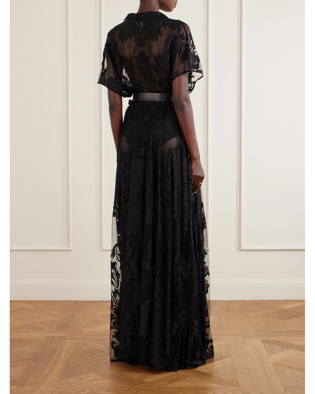 Norma Kamali Black Belted Embroidered Mesh Gown
