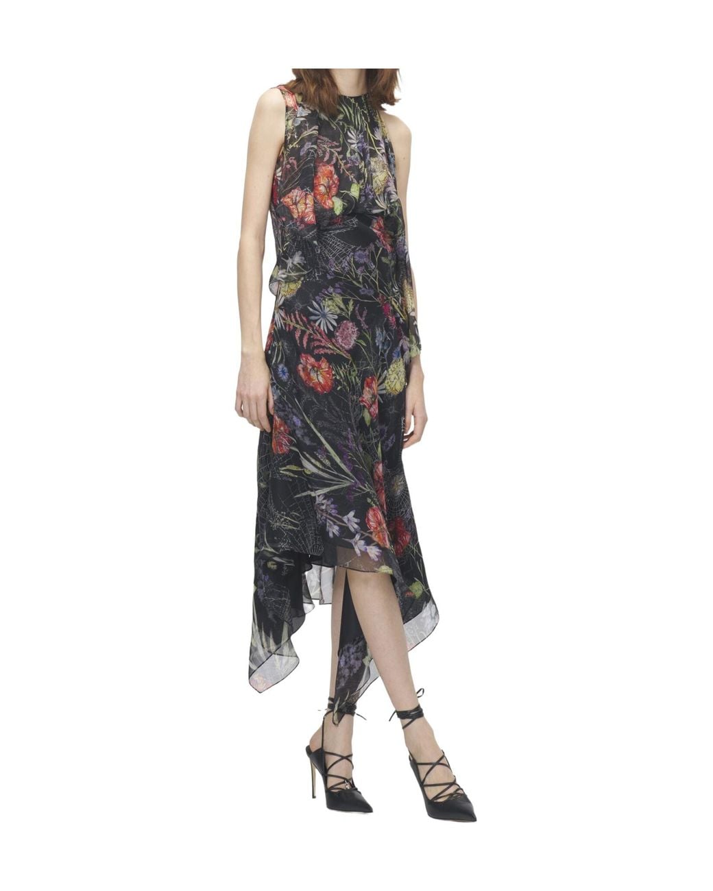 McQueen Multicolor Meadow Floral Print Asymmetric Evening Dress