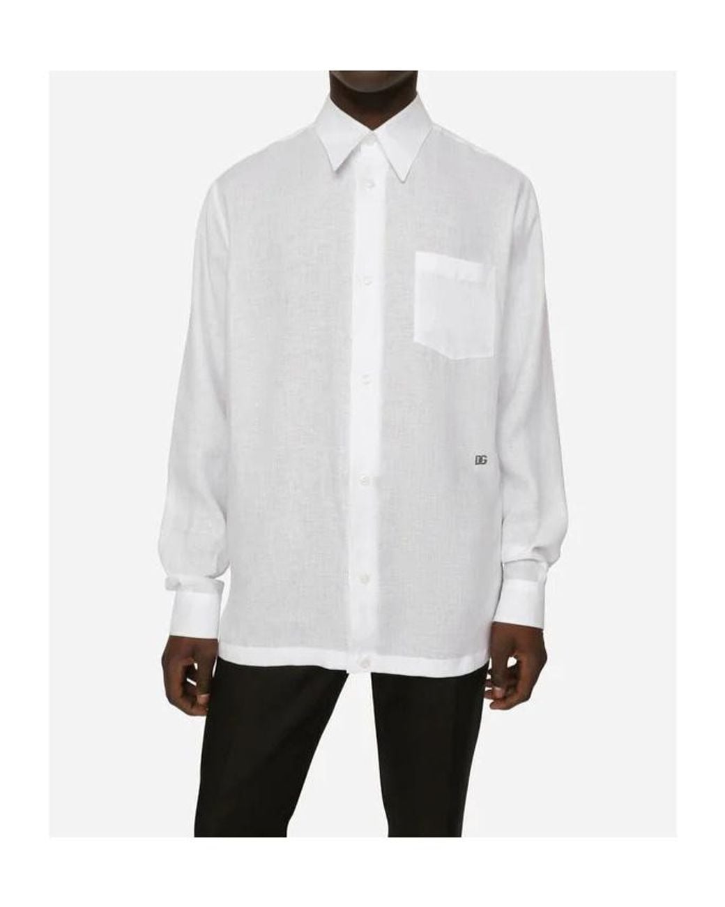 Dolce & Gabbana White Long-Sleeved Button-Up Linen Shirt for men