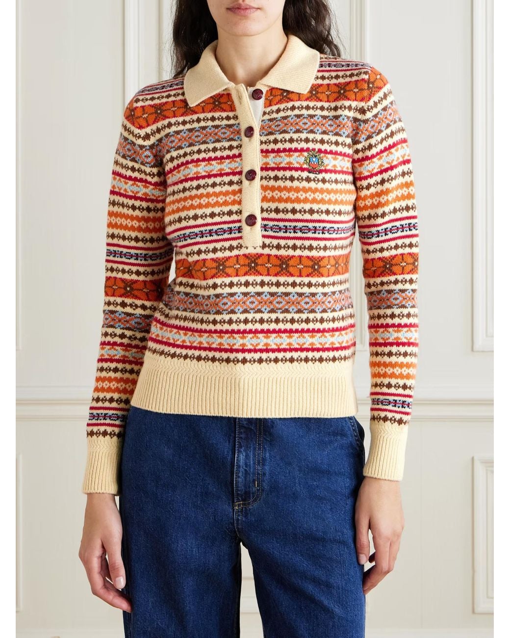 Bally Orange Jacquard Knit Wool Polo Shirt
