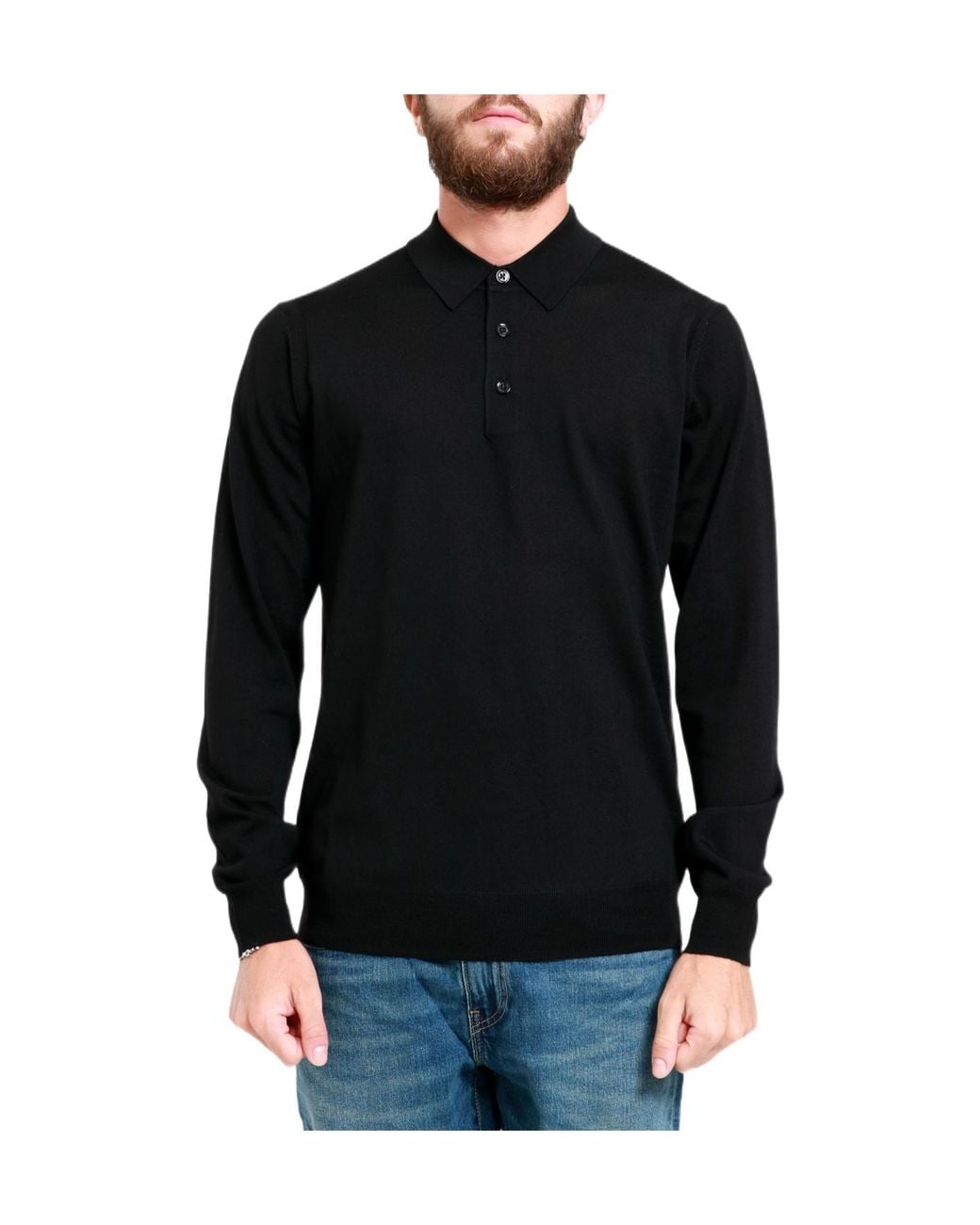 Paolo Pecora Black Long-Sleeve Wool Polo Shirt for men