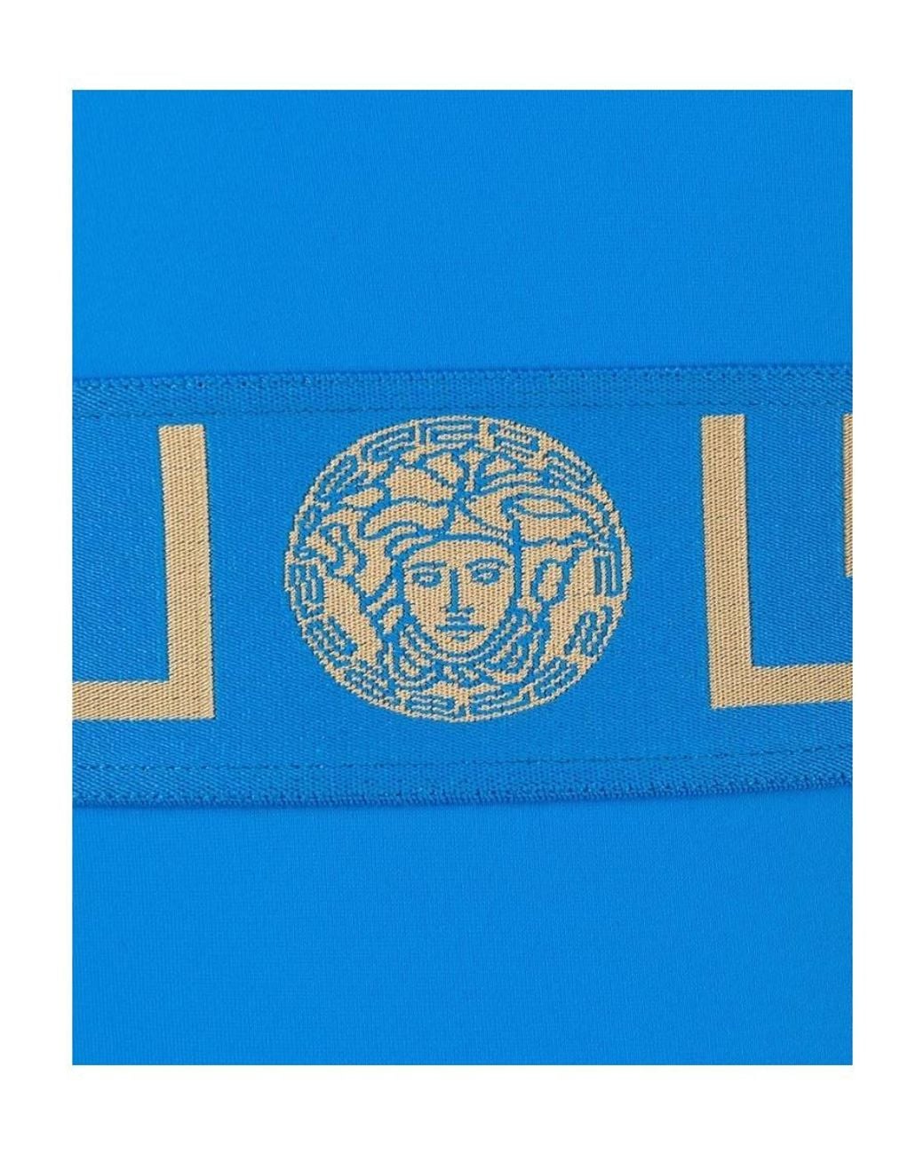 Versace Blue Greca-Waistband Sleeveless Swimsuit