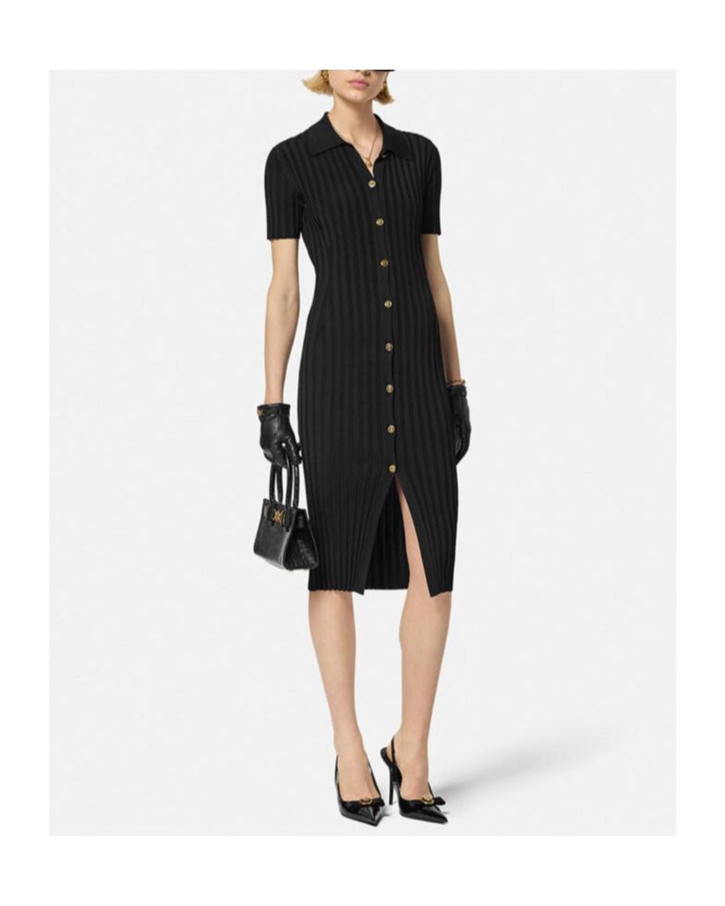 Versace Black Short-Sleeved Knitted Midi Shirt Dress