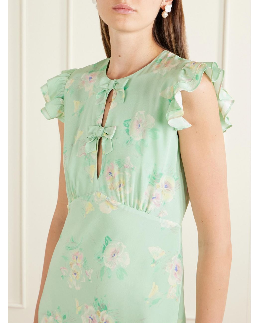 Alessandra Rich Green Ruffle-Trim Silk Midi Dress