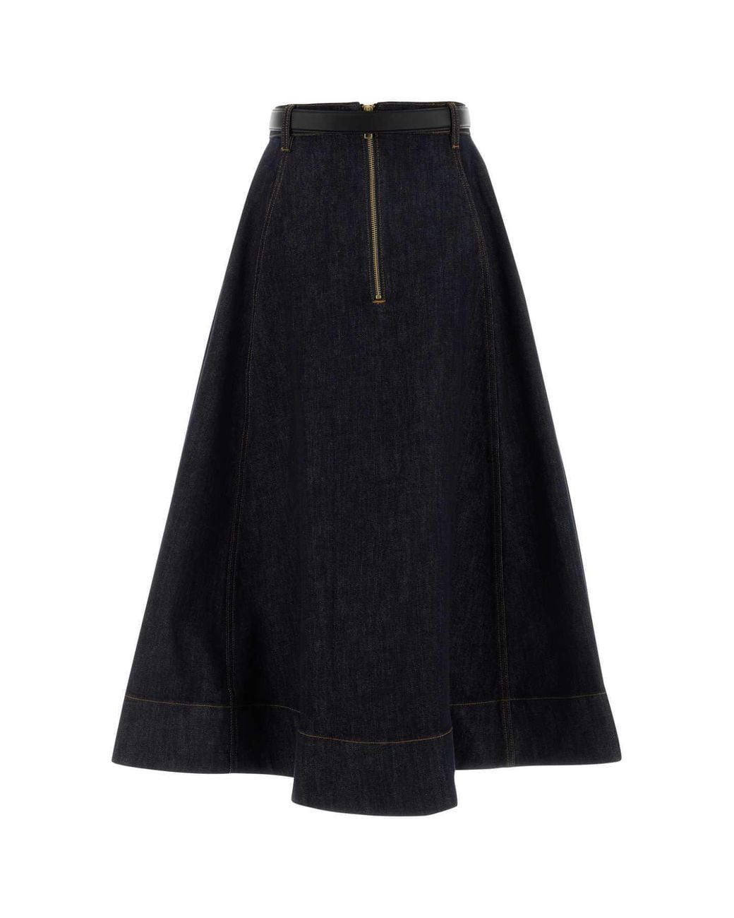 Self-Portrait Black Denim Flared Midi Skirt