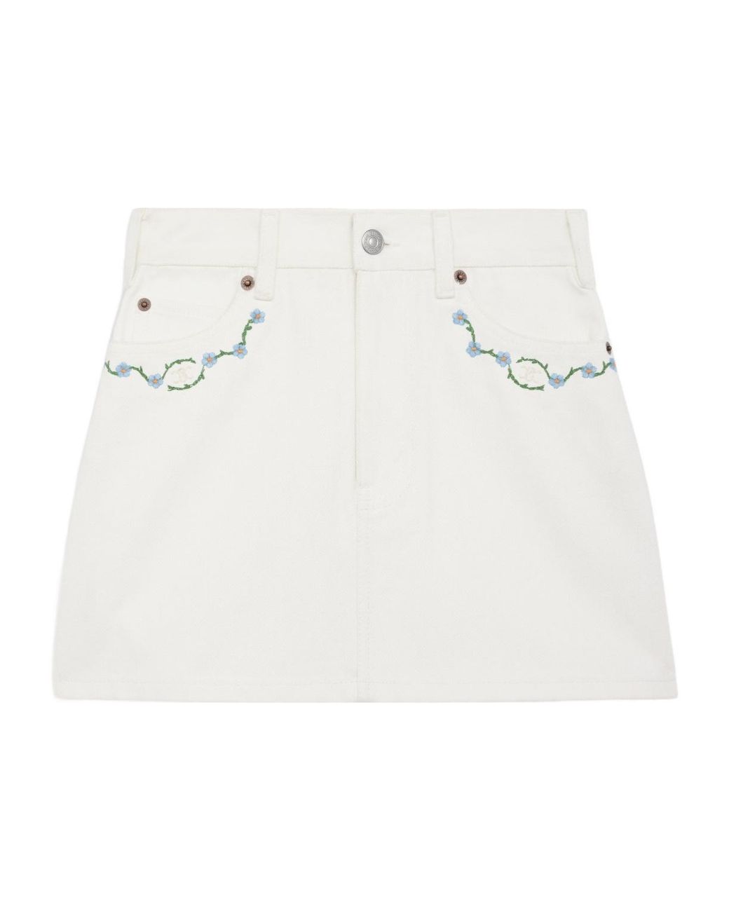CELINE モノグラム MINI SKIRT Celine Mini Skirt Blue Faded Denim Gold Buttons Raw String