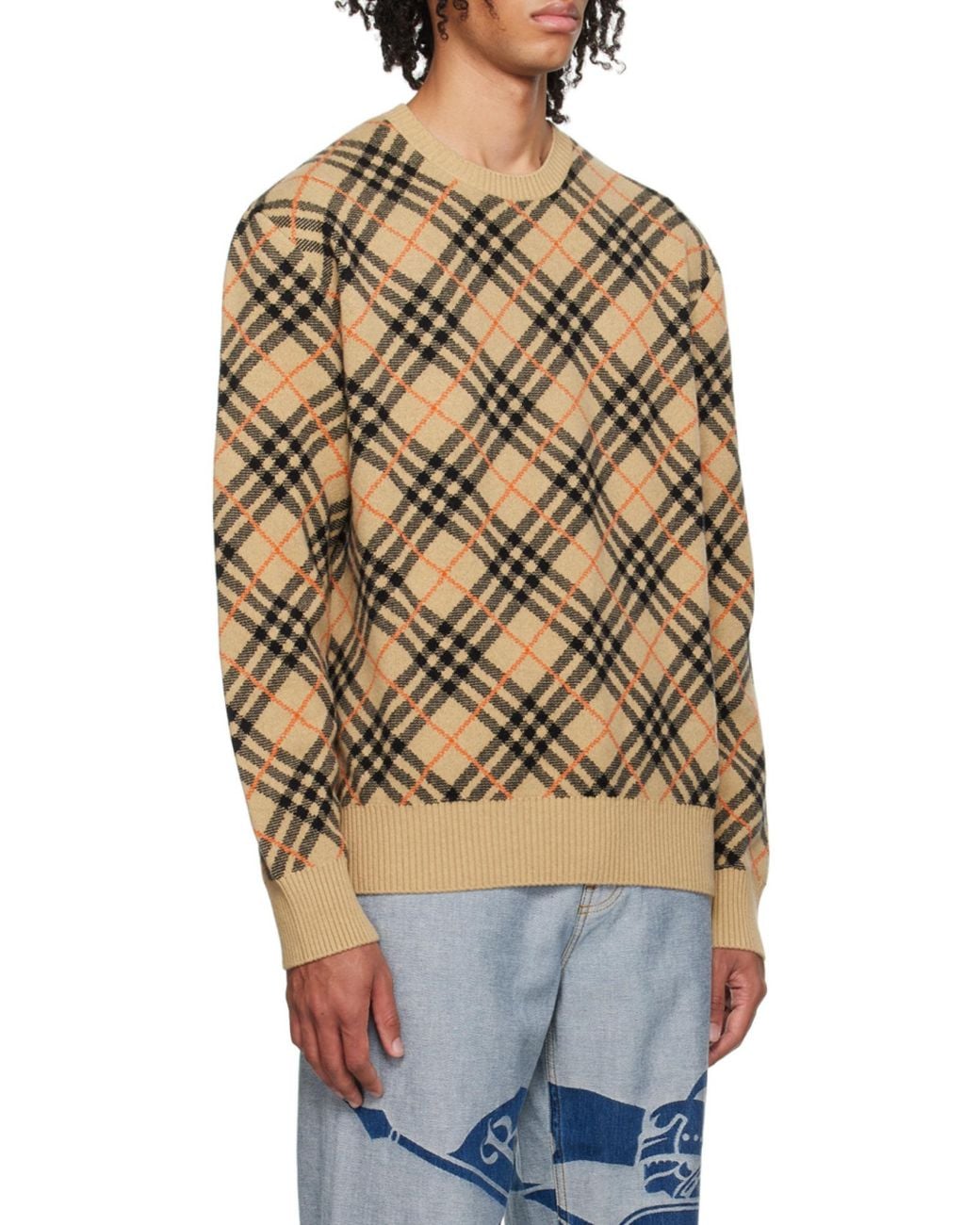 Burberry Brown Checked Knitted Crewneck Jumper for men