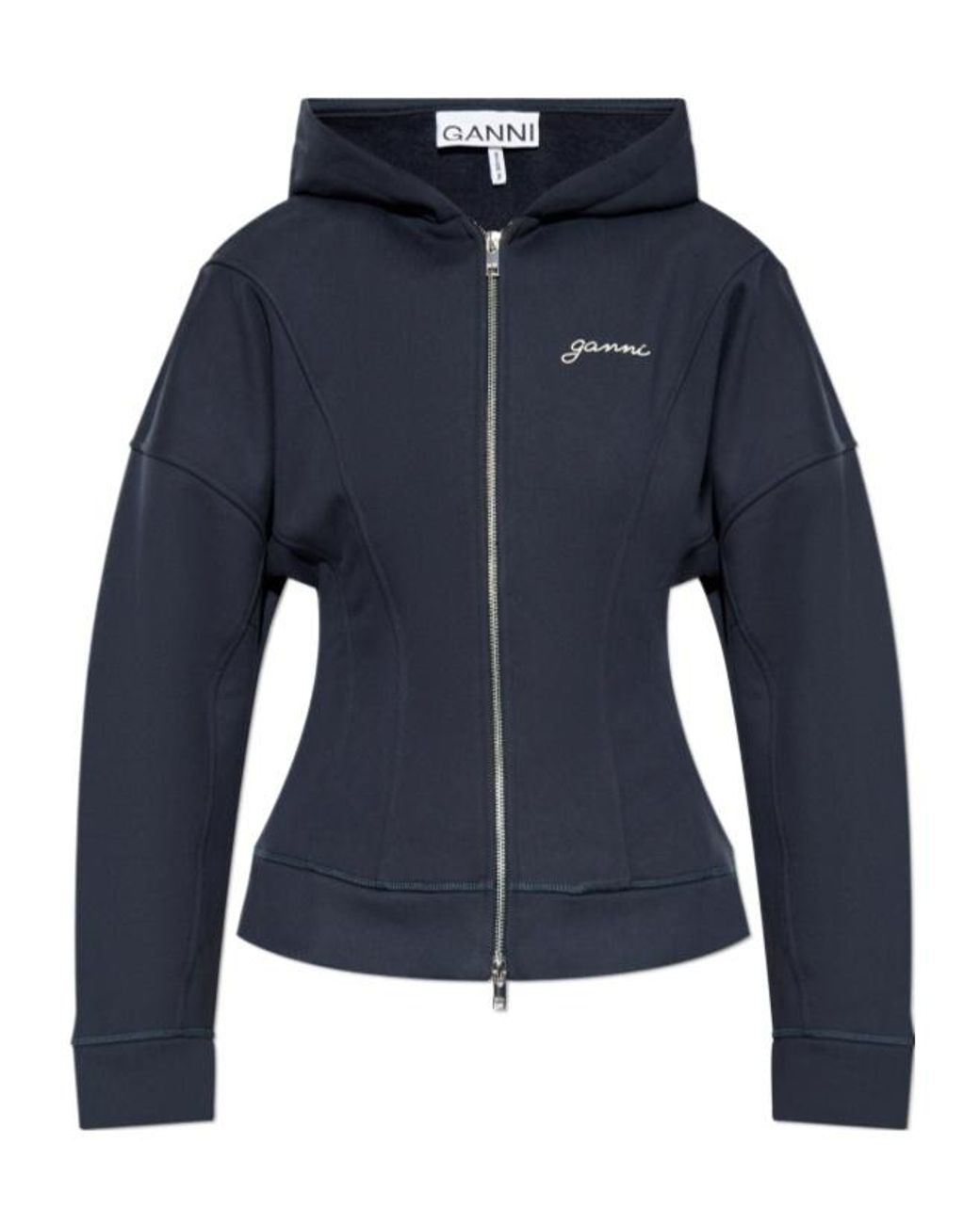 Ganni Blue Logo Embroidered Zipped Hoodie