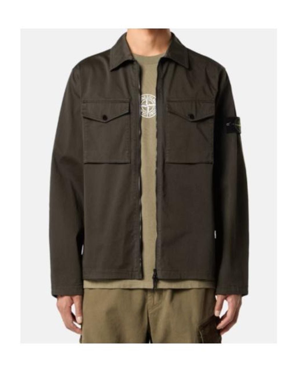 Stone Island Gray Logo-Patch Zip-Up Overshirt for men