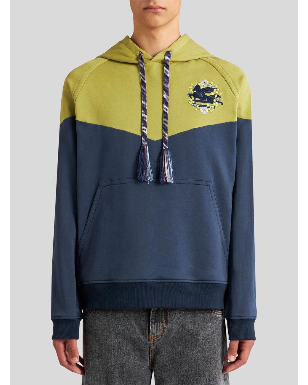Etro Blue Pegaso-Embroidered Two-Toned Drawstring Hoodie for men