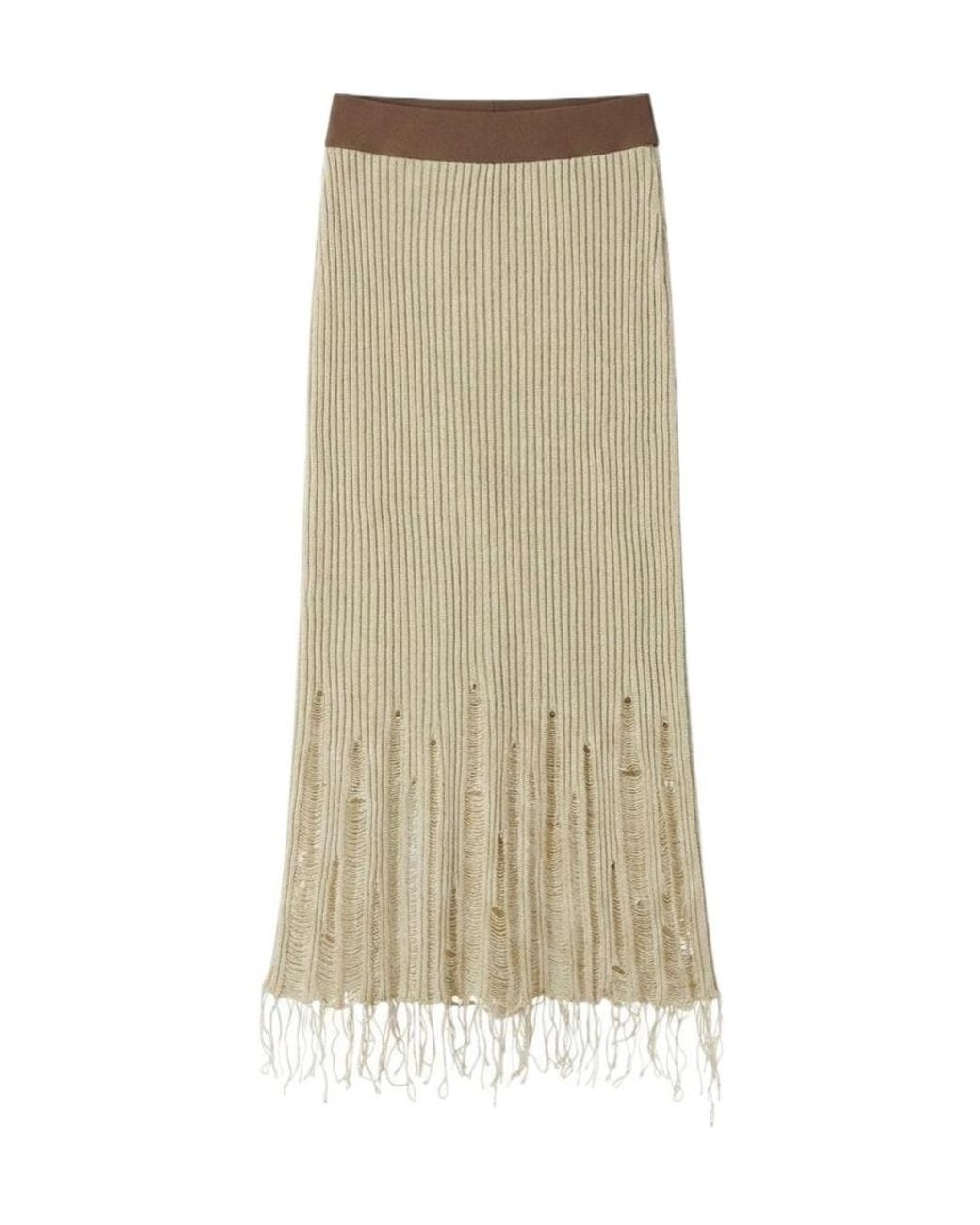 Uma Wang Natural Distressed Ribbed Knit Midi Skirt