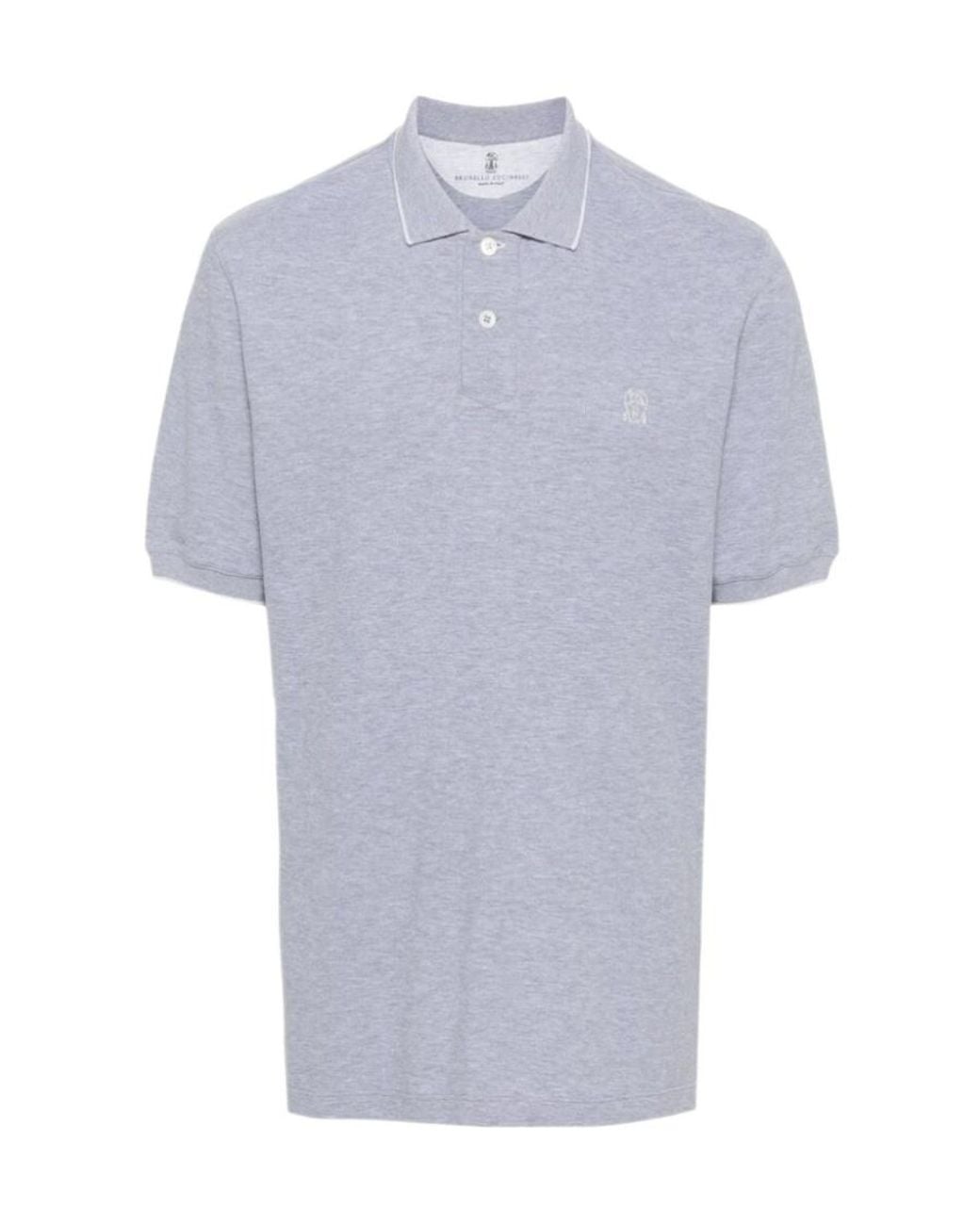 Brunello Cucinelli Blue Logo-Embroidered Short-Sleeved Polo Shirt for men