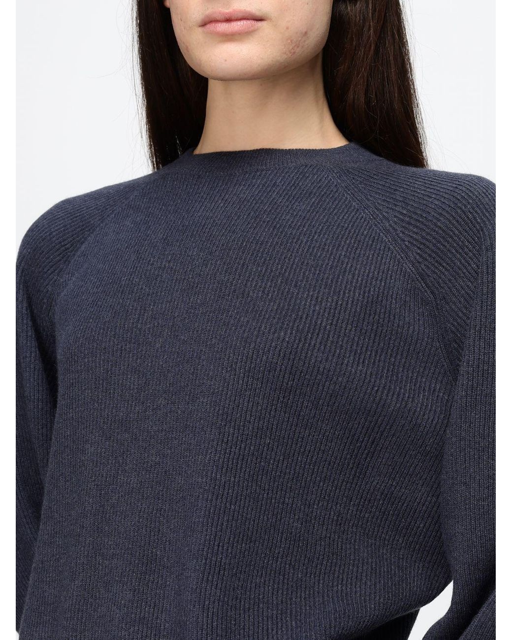 Brunello Cucinelli Blue Ribbed-Knit Raglan-Sleeve Sweater