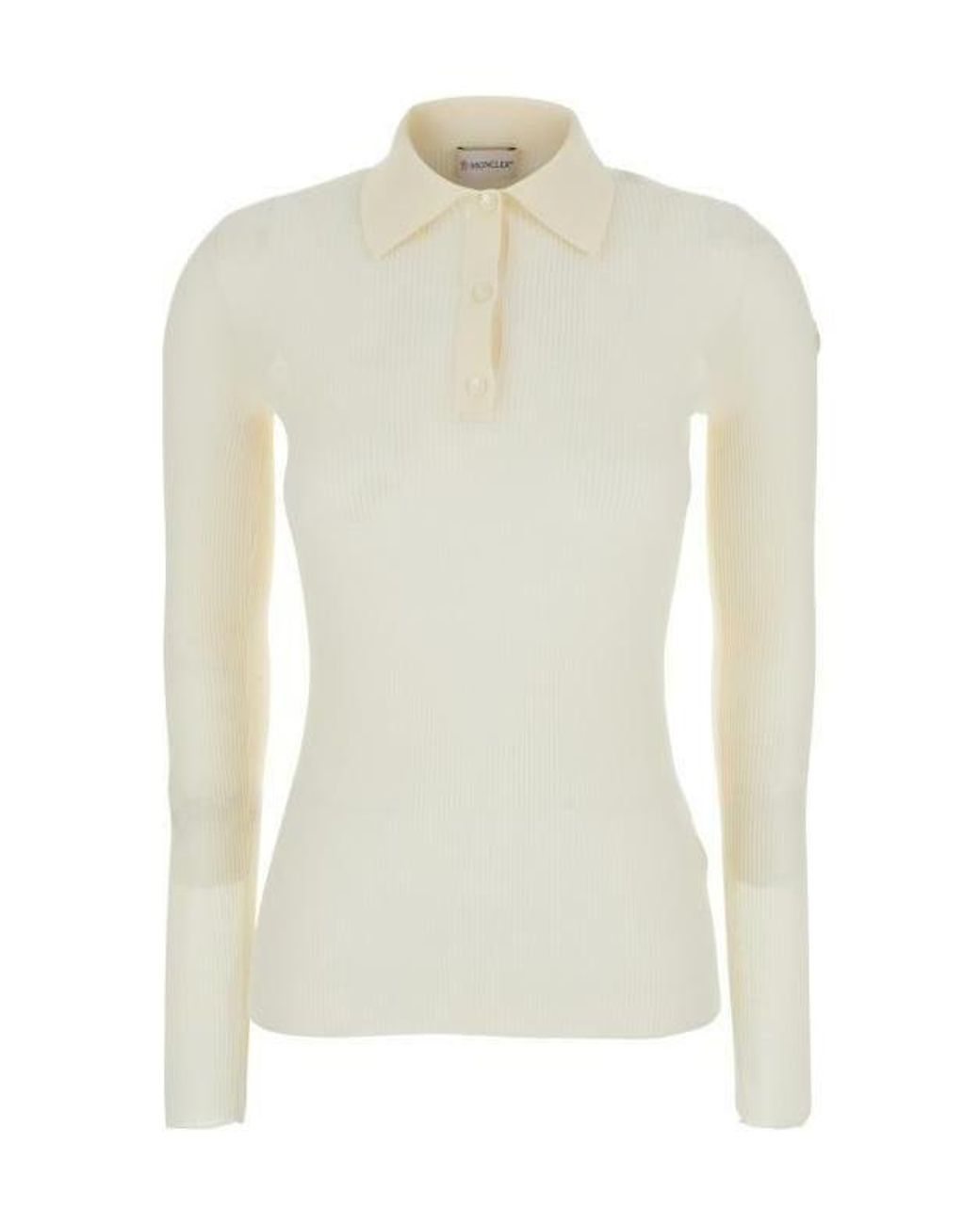 Moncler Natural Long-Sleeved Fine Ribbed Polo Top