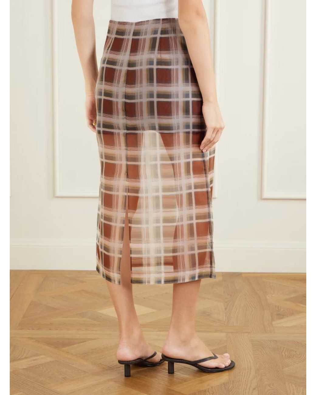 FRAME Natural Checked Silk-Organza Midi Skirt