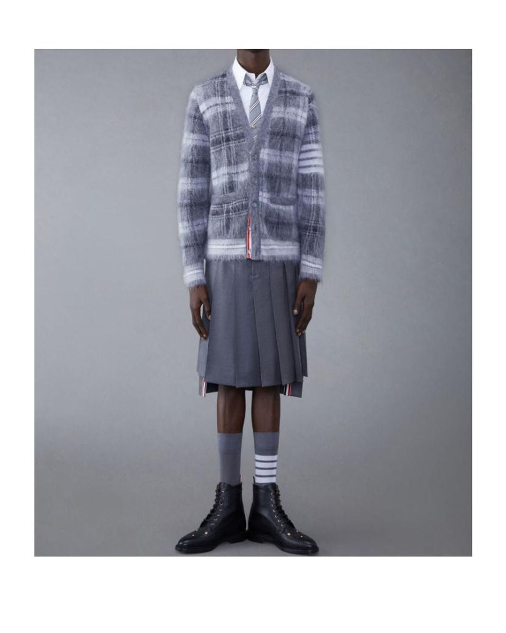 Thom Browne Blue Textured Tartan Pattern Cardigan for men