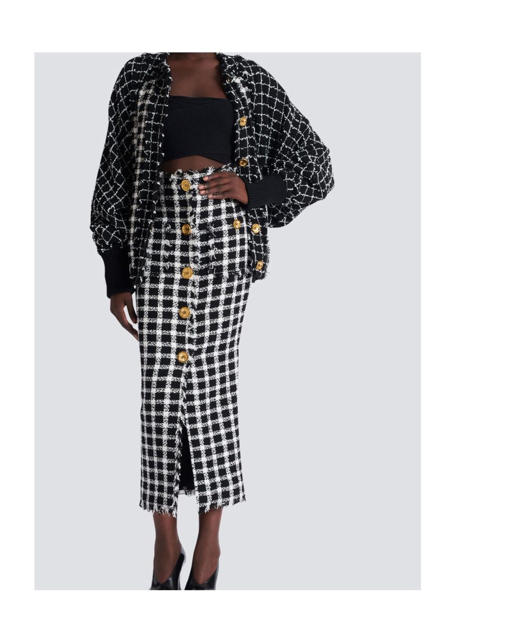 Balmain Black Gingham Tweed Long Skirt