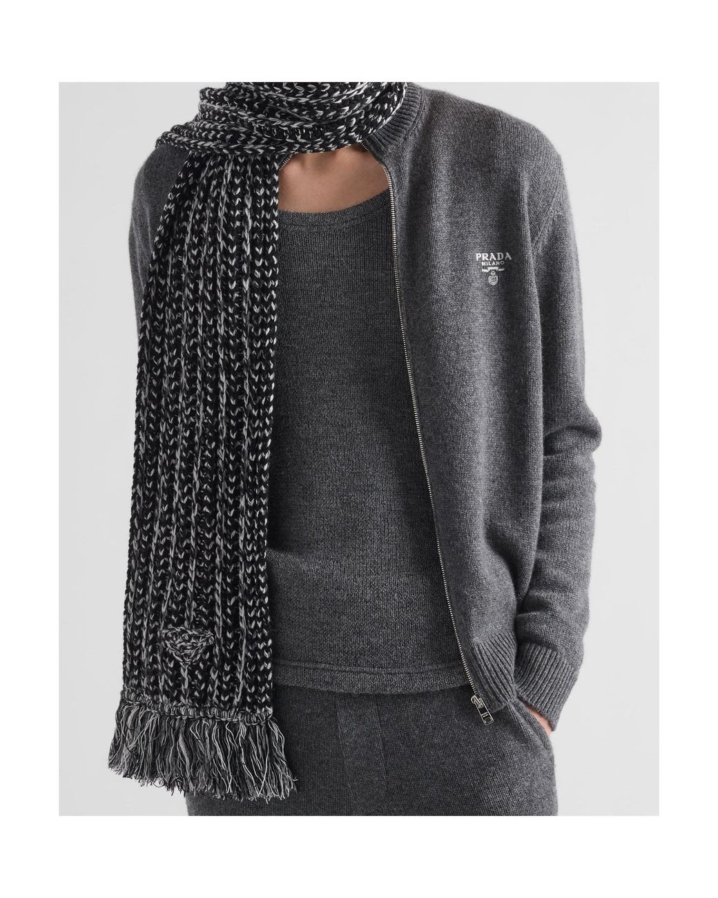 Prada Gray Logo Embroidered Full-Zipped Knit Cardigan for men