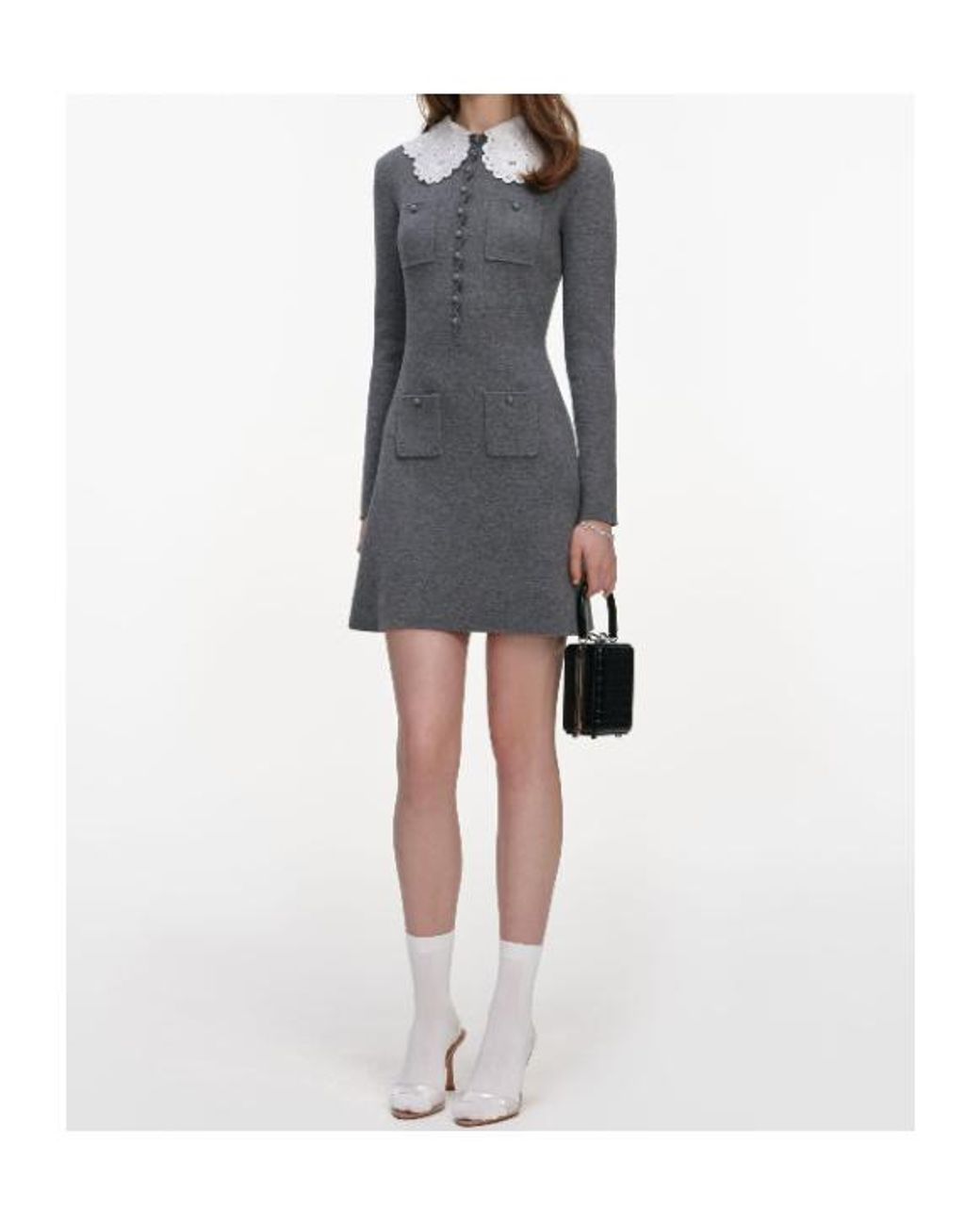 Self-Portrait Gray Contrast Collar Knitted Dress