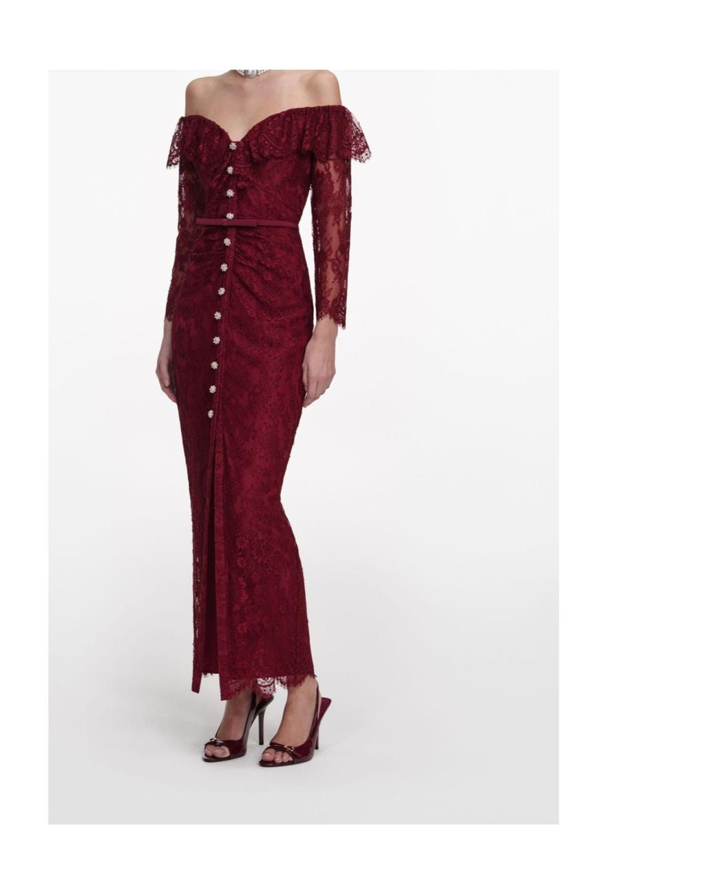 Self-Portrait Off-Shoulder Gathered Lace Maxi Dress