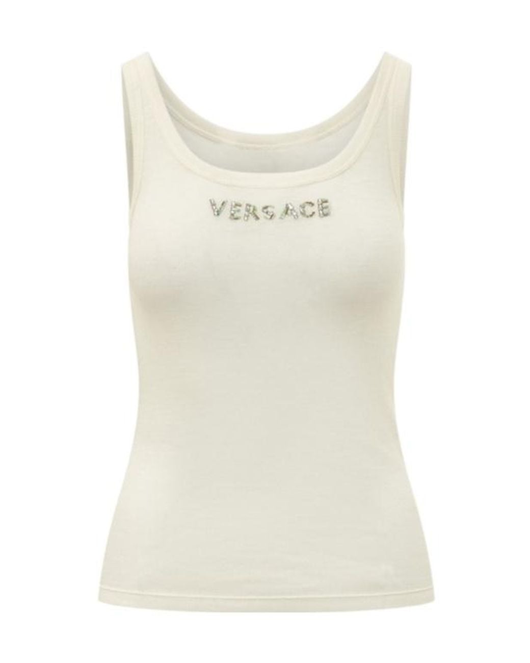 Versace Natural Embellished Ribbed Sleeveless Top