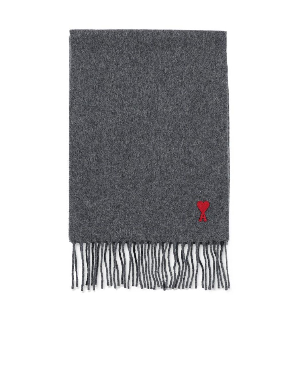 AMI Gray Ami Logo Embroidered Fringed Scarf for men