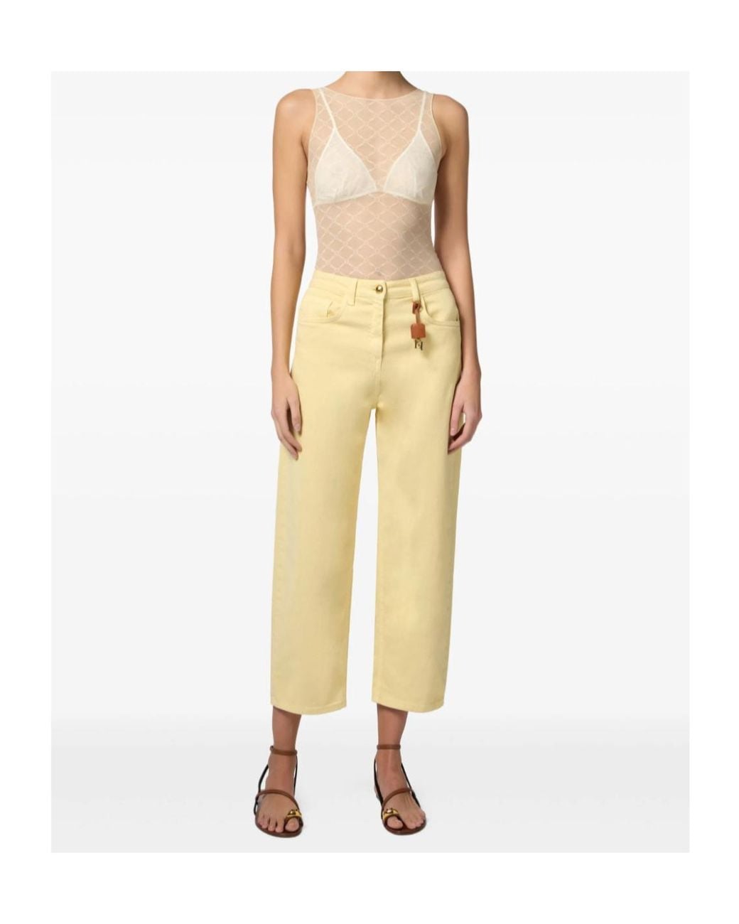 Elisabetta Franchi Natural Crewneck Sheer Bodysuit