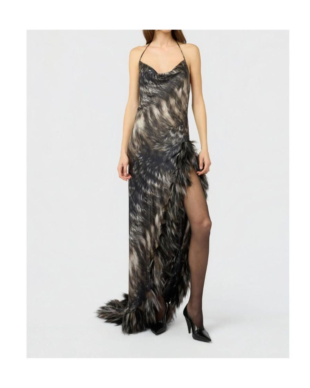 Roberto Cavalli Black Maxi Fur-Print Halterneck Dress