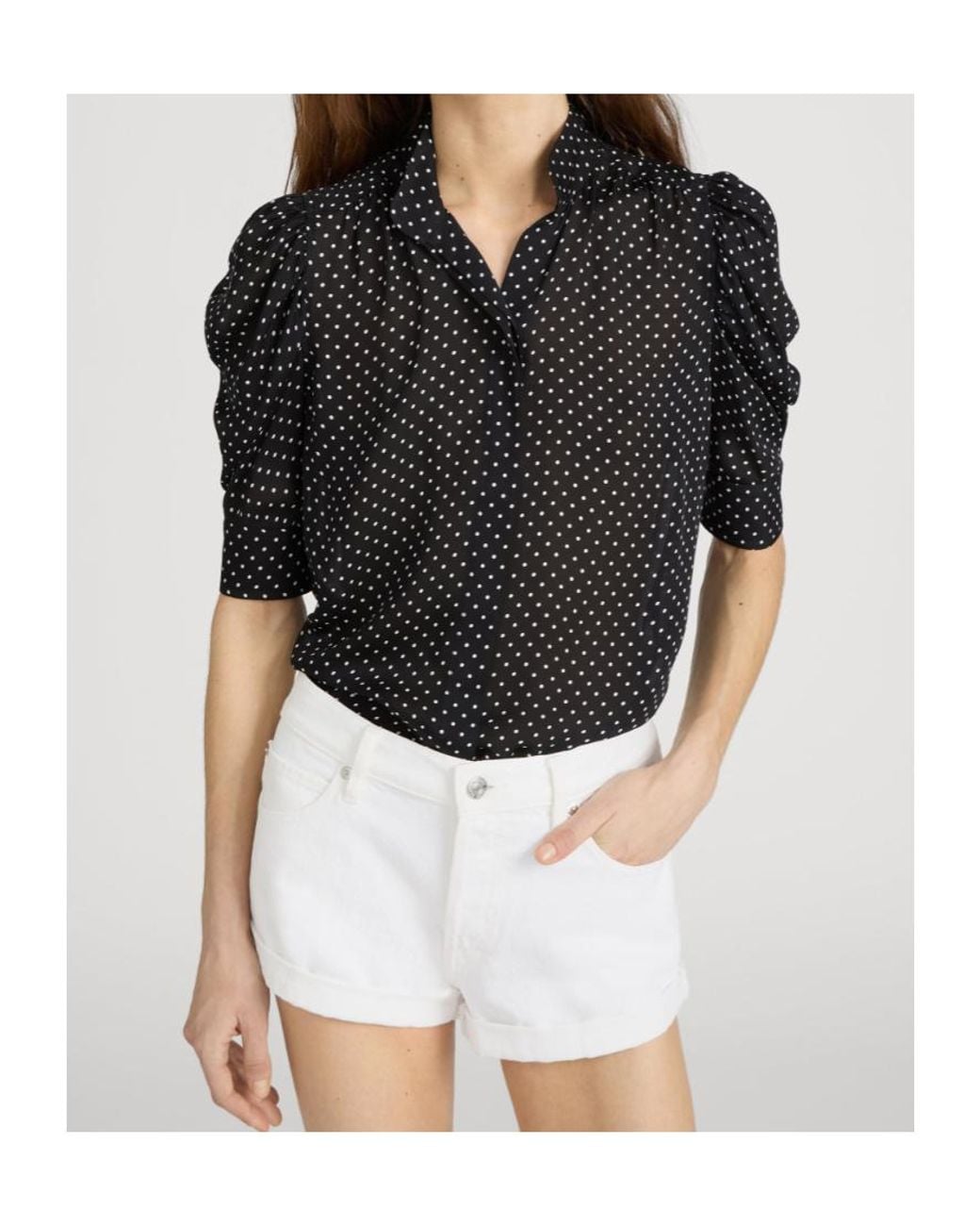 FRAME Black Ruched-Sleeve Polka Dot Top