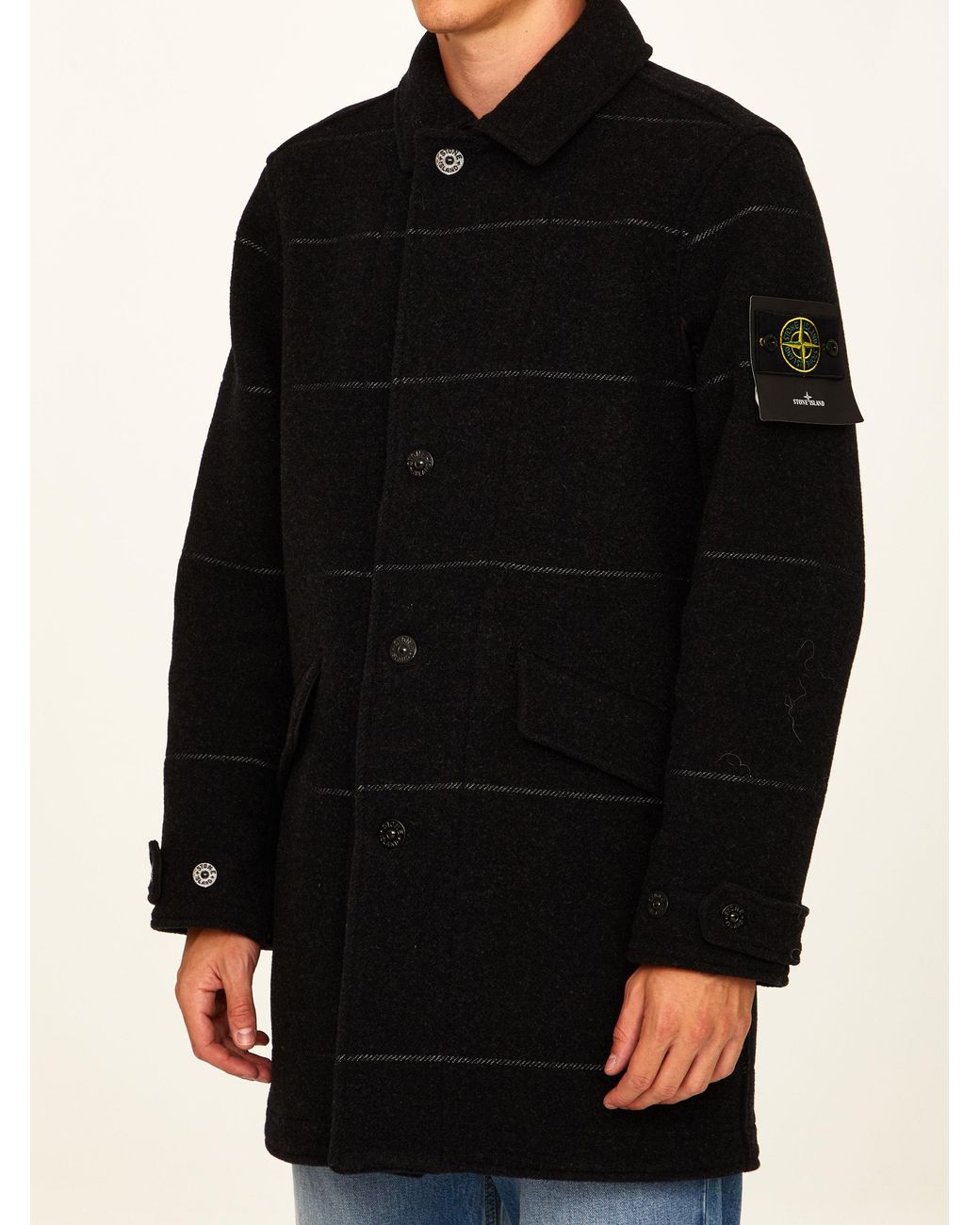 Stone Island Black Striped Single-Breasted Coat for men