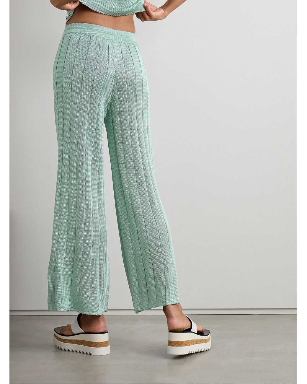 Calle Del Mar Green Ribbed Knit Wide-Leg Trousers