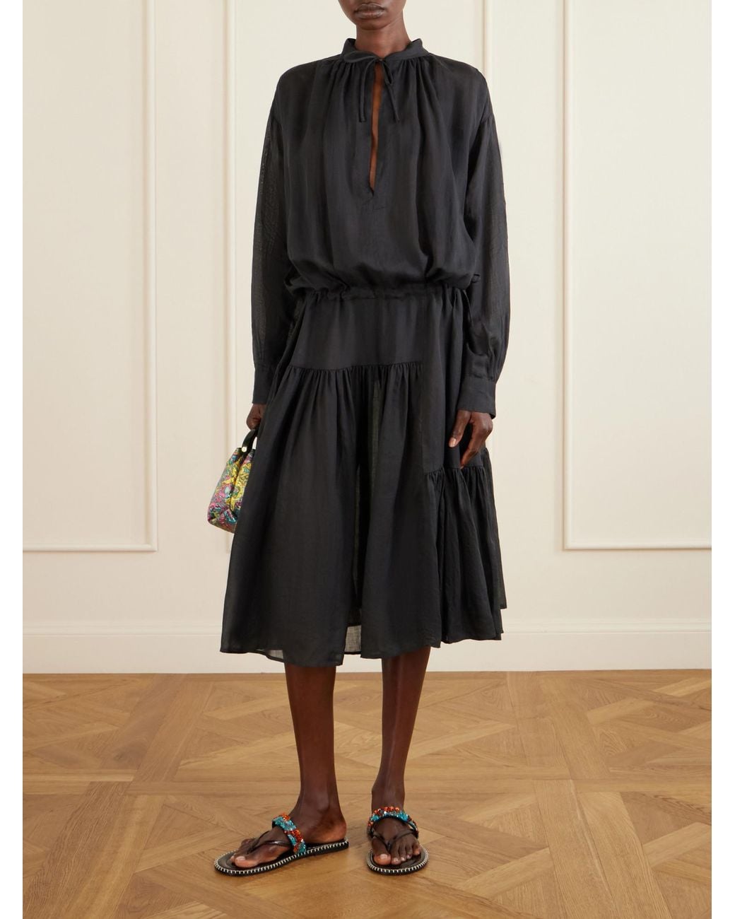Dries Van Noten Black Pleated Ramie-Mousseline Midi Dress