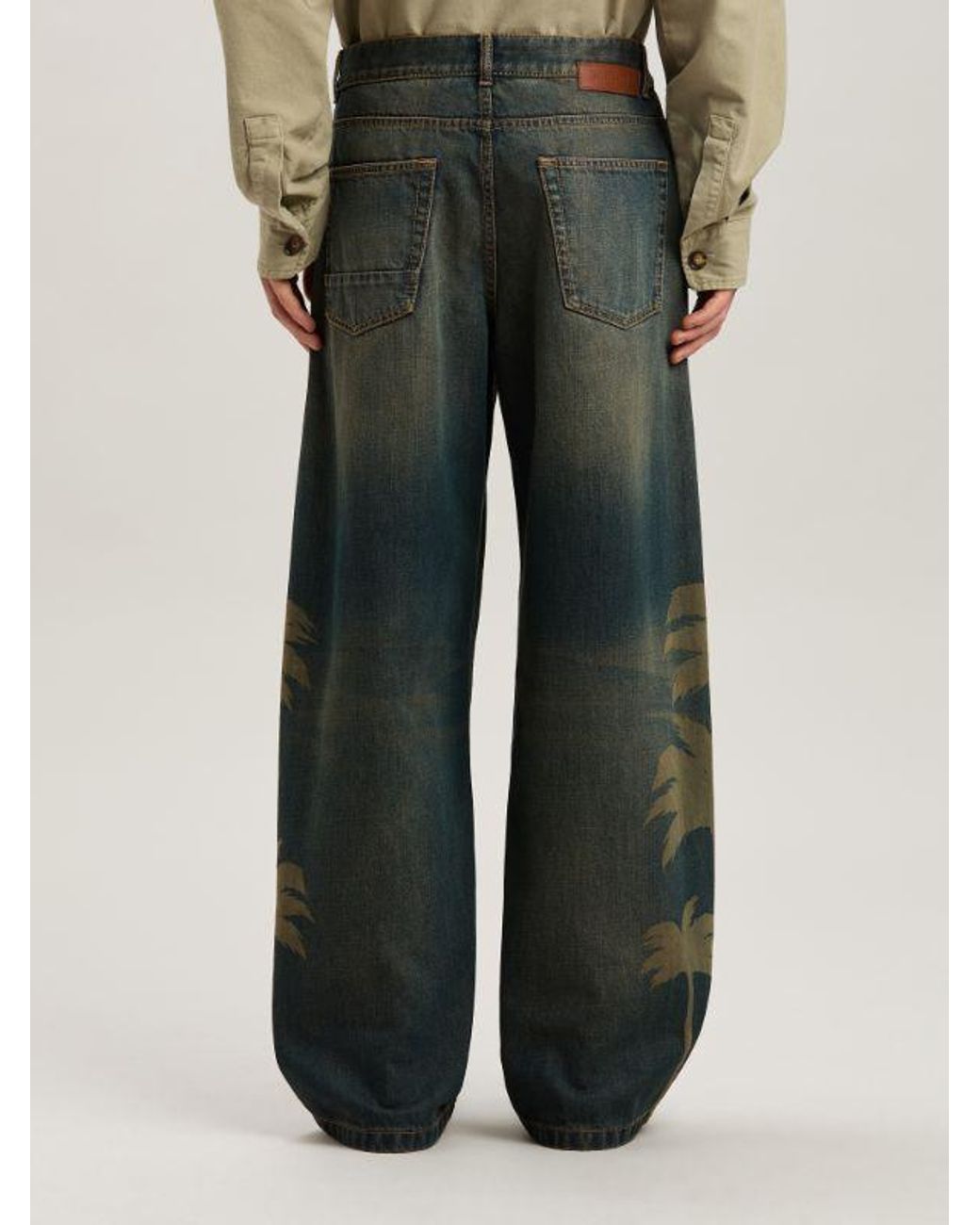Palm Angels Green Laser Palm Wide Leg Jeans for men