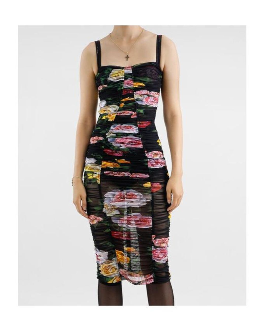 Dolce & Gabbana Black Floral Printed Tulle Calf-Length Slip Dress